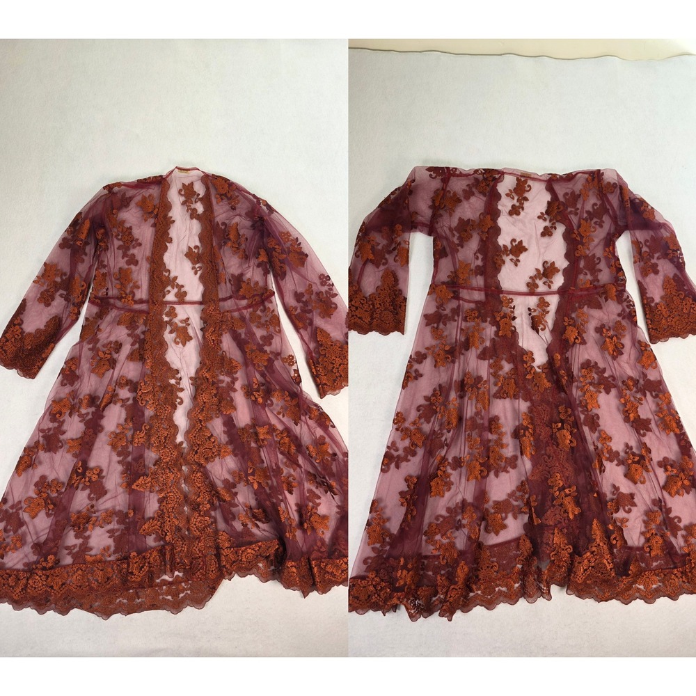 Mina Collections Women L Burgundy Rust Sheer Mesh Floral Lace Duster Cardigan